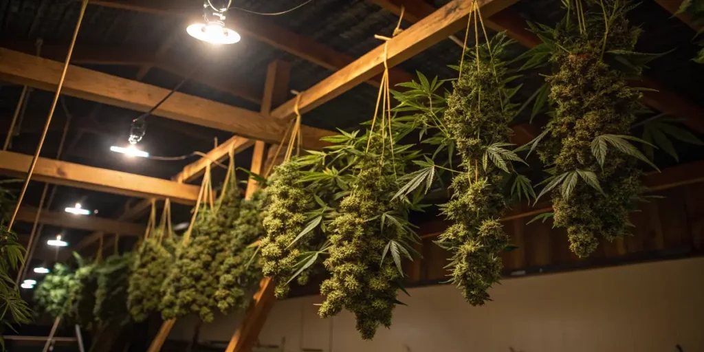 Early Skunk Auto colas hanging to dry in a warm, wooden curing room.