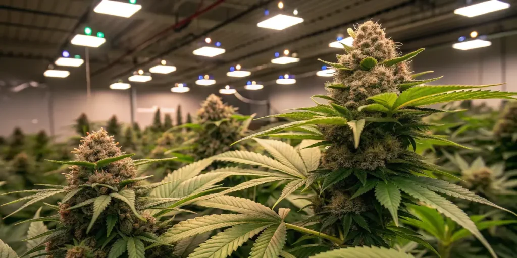 Early Skunk Auto plant in full bloom under bright indoor grow lights.