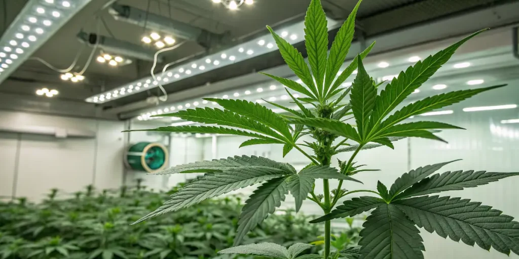 Exodus Cheese Auto growing under LED panels inside a controlled chamber.