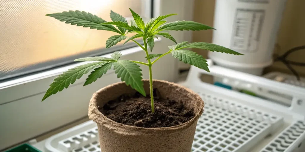 Exodus Cheese Auto seedling sprouting in a small pot near a window.