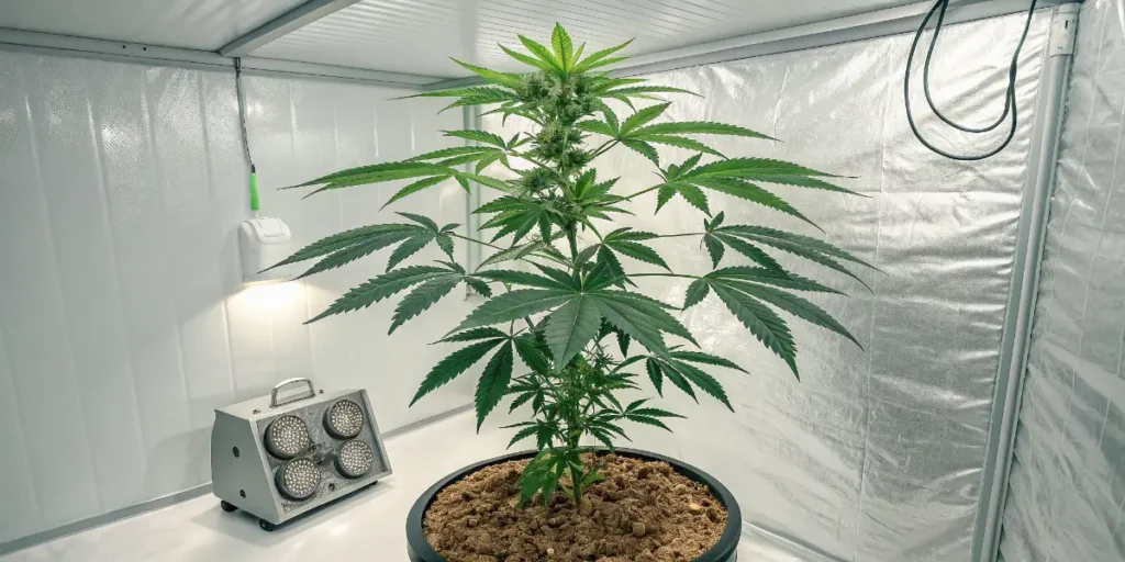 Fat Bastard Auto plant in full bloom under bright LED grow lights.