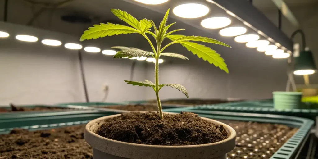 Fat Bastard Auto seedling in a small pot under bright propagation lights.