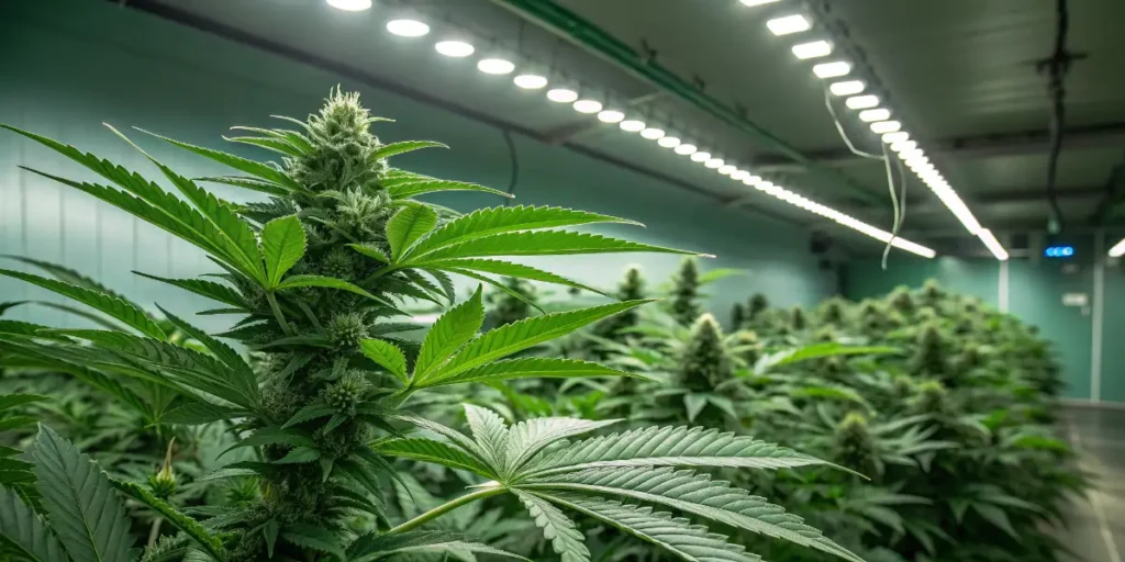 Fat Bastard thriving under strong indoor lights in advanced vegetative growth.