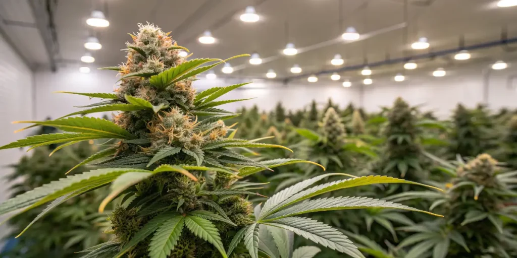 Dense Flower Bomb Kush cola under bright indoor grow lights.