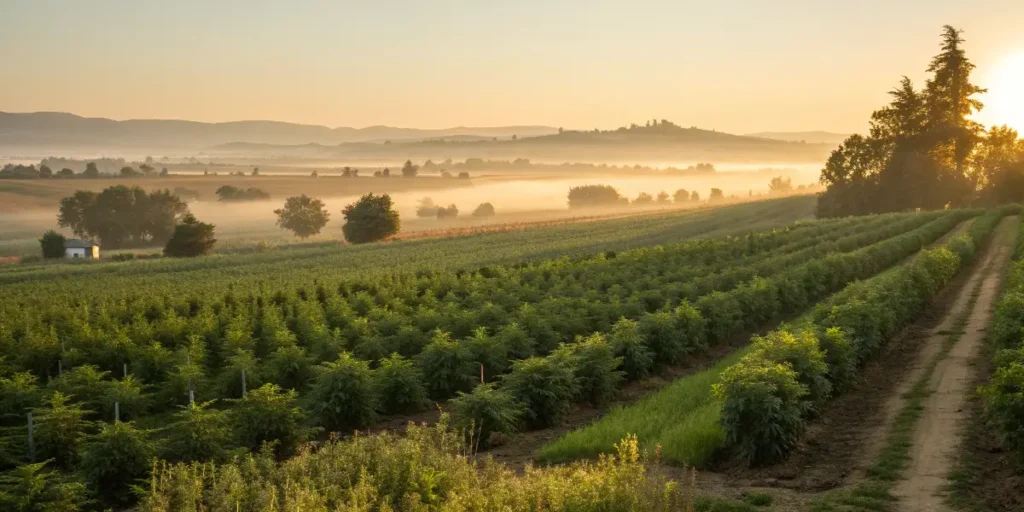 Sunrise over expansive Flower Bomb Kush fields in the countryside.