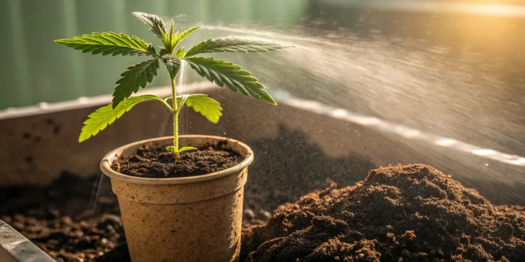 Tiny Flower Bomb Kush seedling being gently misted in warm light.