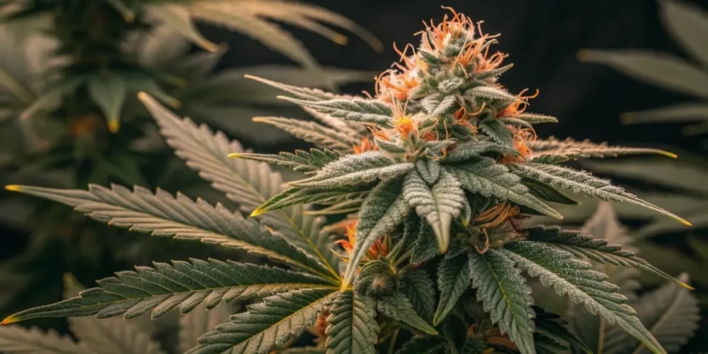 Break-Up Cake Auto cannabis flowering outdoors with resinous buds.