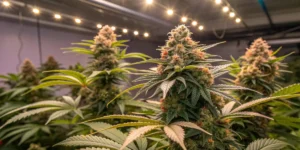 Break-Up Cake cannabis buds developing resin under artificial light.