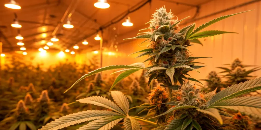 Bruce Banner cannabis buds developing resin under grow lamps.