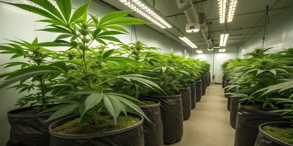 Forbidden Fruit plants in a well-lit flowering room with lush green leaves.