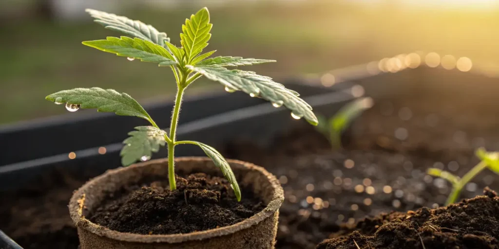 Forbidden Fruit seedling with dew on its leaves in a sunlit garden bed.