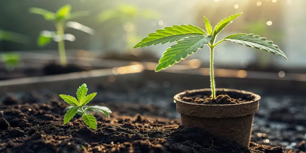 Forbidden Fruit seedling emerging from rich soil in warm morning light.