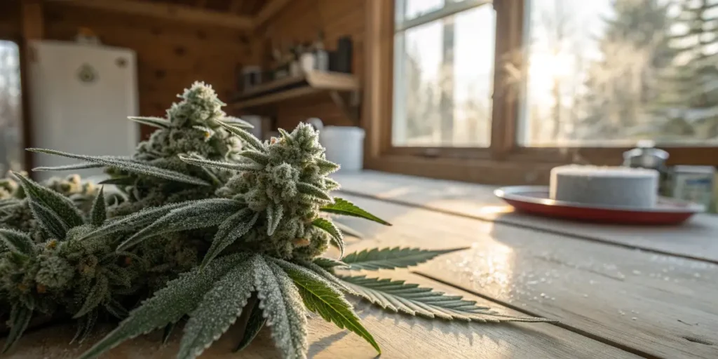 Cannabis buds with frosty trichomes on a table showing results of freeze cannabis preservation.