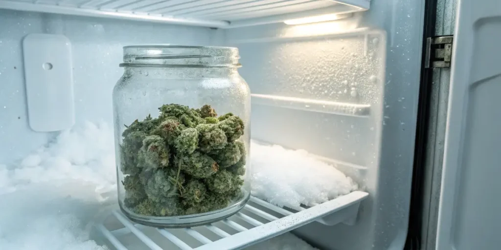 Glass jar filled with cannabis buds stored in a frosty freezer environment.