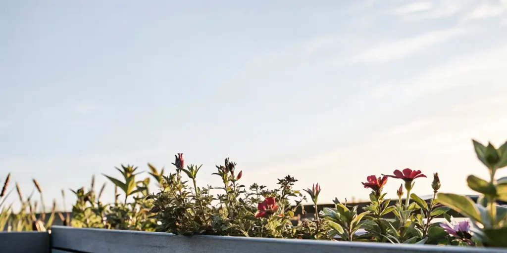 Garden flowers growing in a raised planter under a clear blue sky.