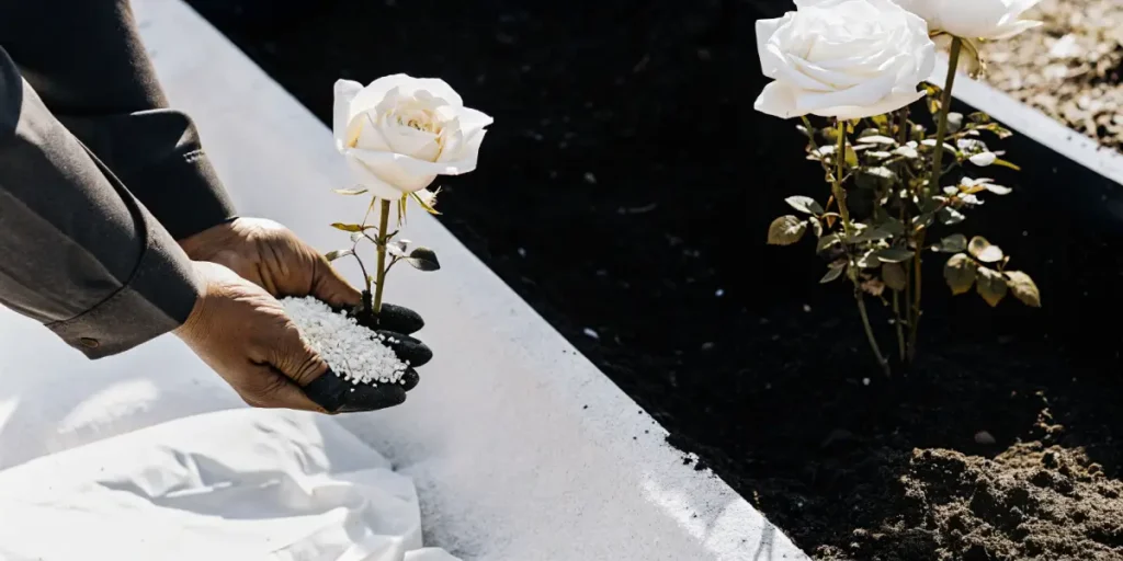 Gardener’s hands sprinkling fertilizer near young white roses in a garden bed.