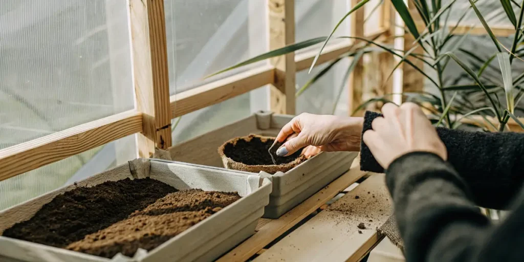 gardener’s hands filling a biodegradable pot with rich soil indoors