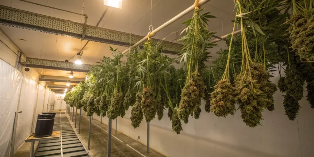 Gary Payton cannabis buds suspended along a long drying corridor under warm lights.