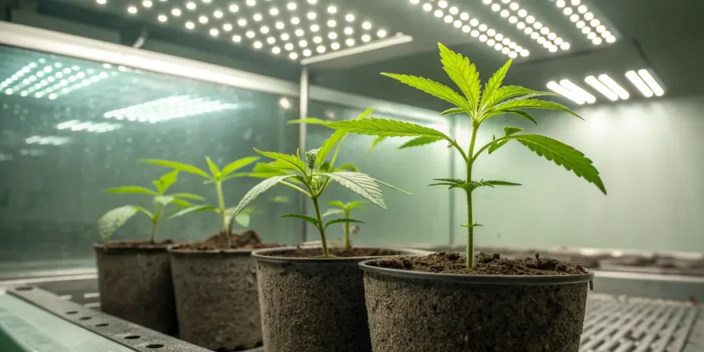 Gary Payton cannabis young plants thriving in pots under indoor grow lights.