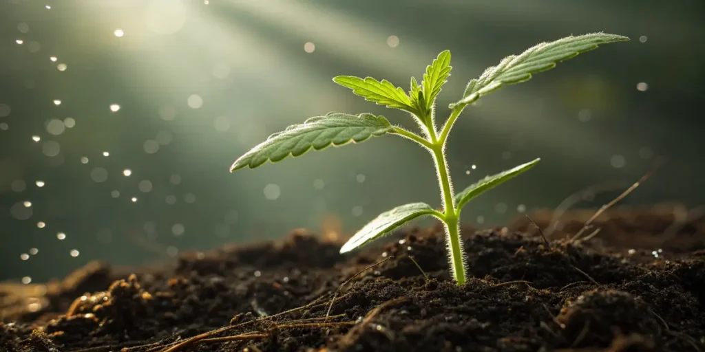 Gator Breath young cannabis plant growing steadily with early leaf formation.