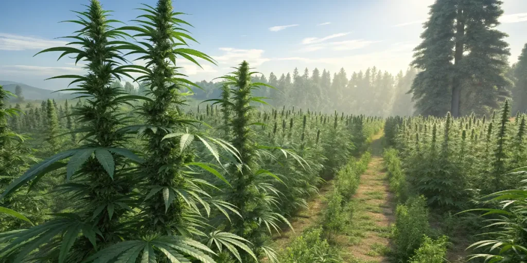 Mature Gelato 44 - Tyson S plants thriving in a wide outdoor grow space surrounded by forest