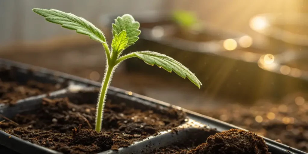 Gelato 44 - Tyson S seedling growing in nutrient-rich soil under warm sunlight