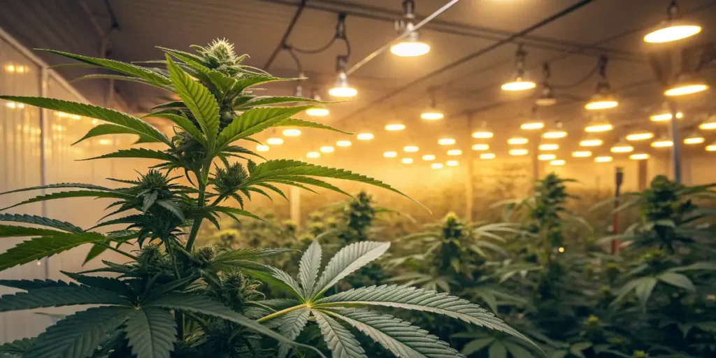 Gelato Fast Blooming plant growing under warm indoor grow lights with dense foliage.