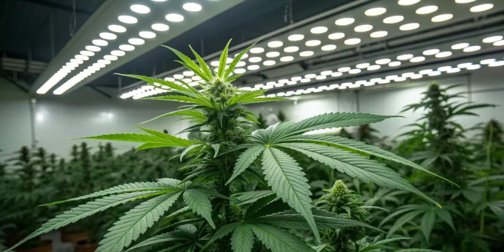 Flowering Gelato-K plant surrounded by lush foliage under high-intensity LED lighting in an indoor grow room.