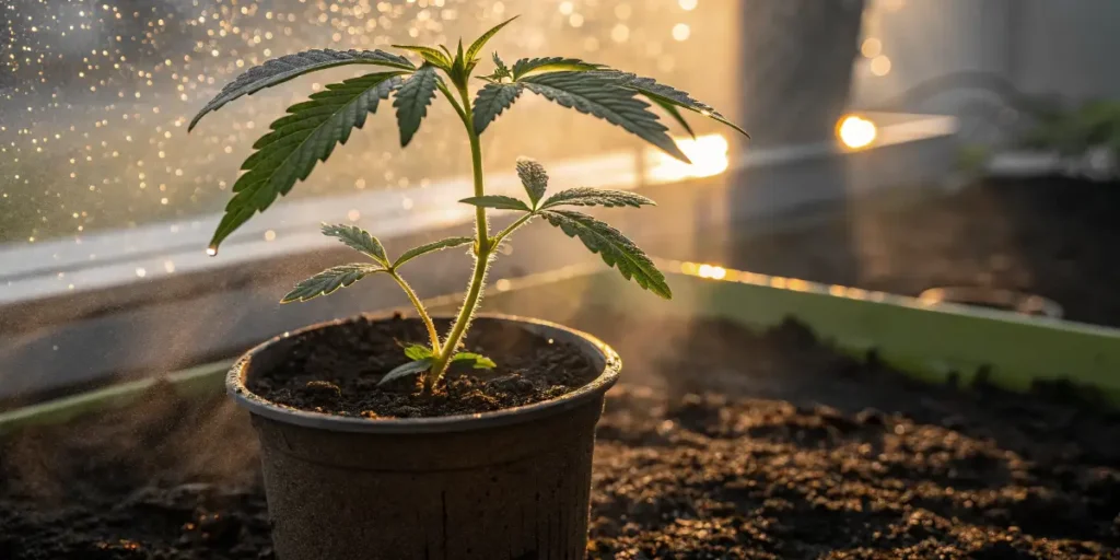 Gelato-K cannabis seedling in a pot illuminated by warm backlighting during early development.
