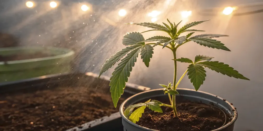 Young Gelato-K seedling in a small pot misted with water as warm grow lights shine through.