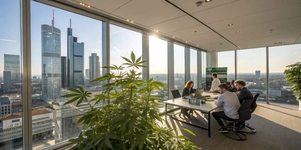 Germany's top cannabis firms executives in a modern office meeting.