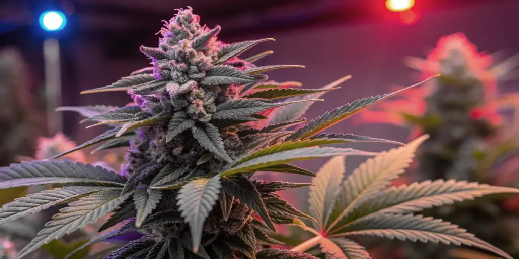 GG4 Sherbet FF cannabis flower coated in trichomes under pink and blue grow lights in a controlled indoor room.