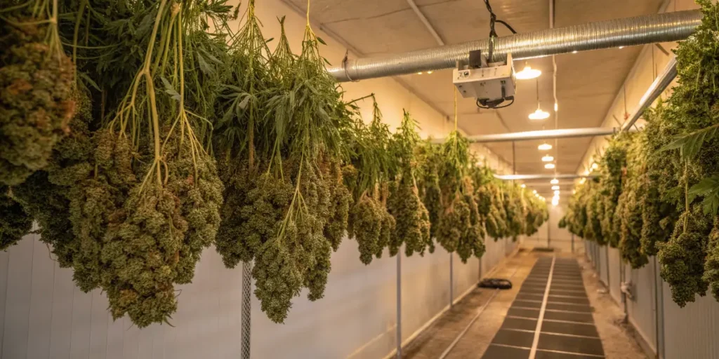 Freshly harvested GG4 Sherbet FF buds suspended on racks inside a temperature-controlled drying chamber.