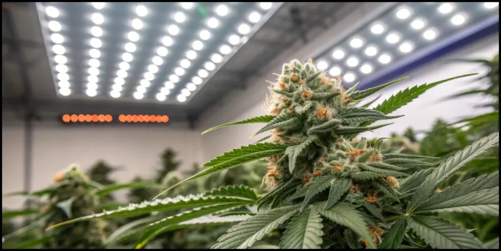 Ginger Punch Auto cannabis bud with orange pistils and frosty trichomes under intense LED grow lighting.