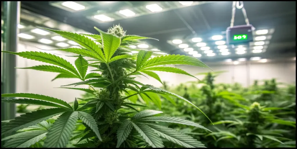 Ginger Punch Auto plant in vigorous vegetative growth under bright LED panels inside an indoor grow room.