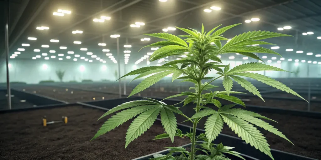 Glookies Auto early vegetative plant under LED grow lights.