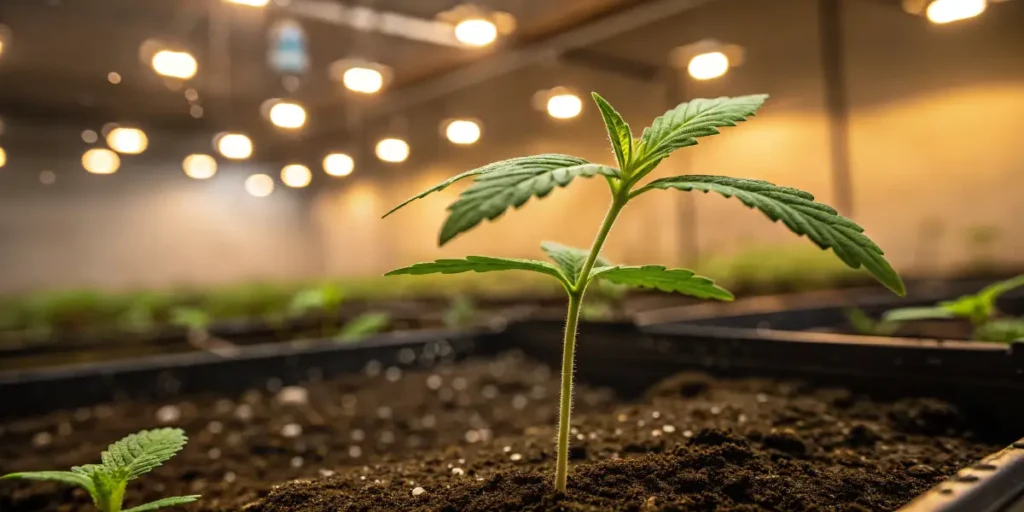 Glookies Auto seedling growing in soil under warm indoor lights.