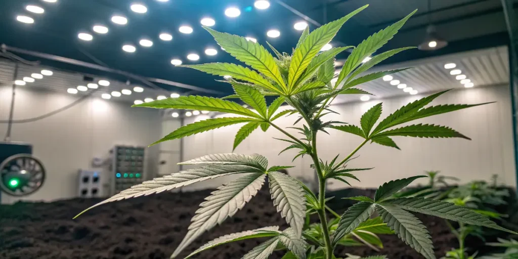 Healthy GMO plant in vegetative stage growing indoors under bright LED panels.