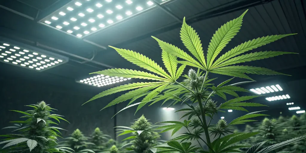 Gnomo Auto cannabis growing under uniform LED lighting in a dense indoor cultivation room