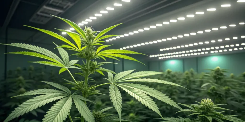 Gnomo Auto cannabis plant thriving under strong LED grow lights with wide green leaves and dense budding tips.