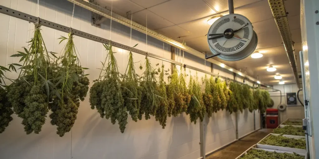 Godfather OG buds hanging to dry in a climate-controlled room with rows of dense flowers suspended from wires.