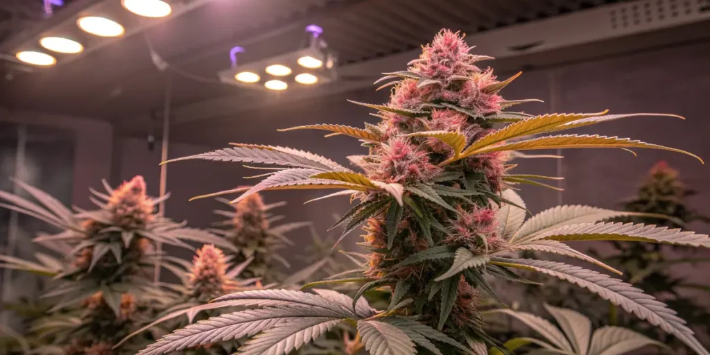 Godfather OG cola in full bloom with pink-tinted pistils under bright indoor grow lights.