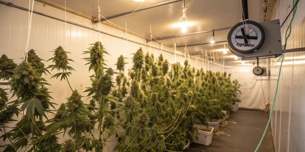Godfather OG plants suspended for drying under warm lights in an indoor post-harvest room.
