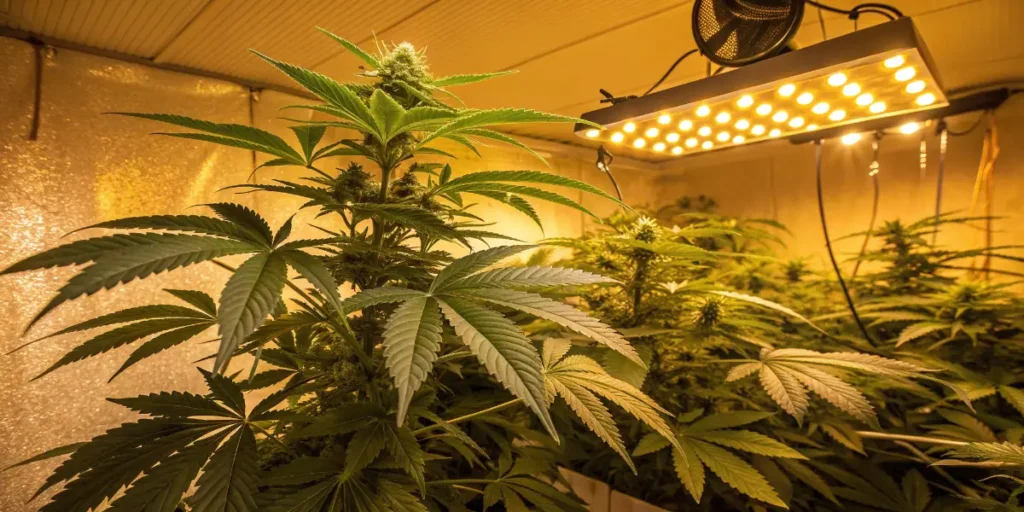 Goji Og plants developing thick buds under yellow grow lights in a dense indoor cultivation setup.