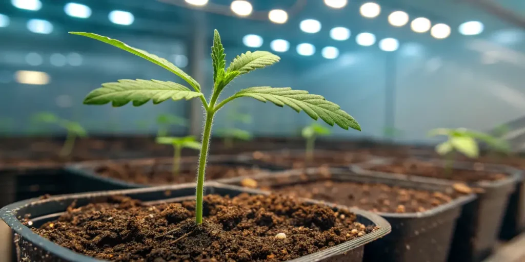 Young Goji Og seedling sprouting in soil under bright indoor lights with fresh green leaves.