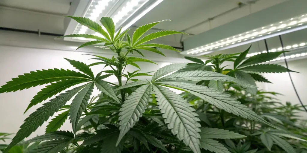 Green Crack Auto plant developing fresh foliage under intense indoor LED lighting.