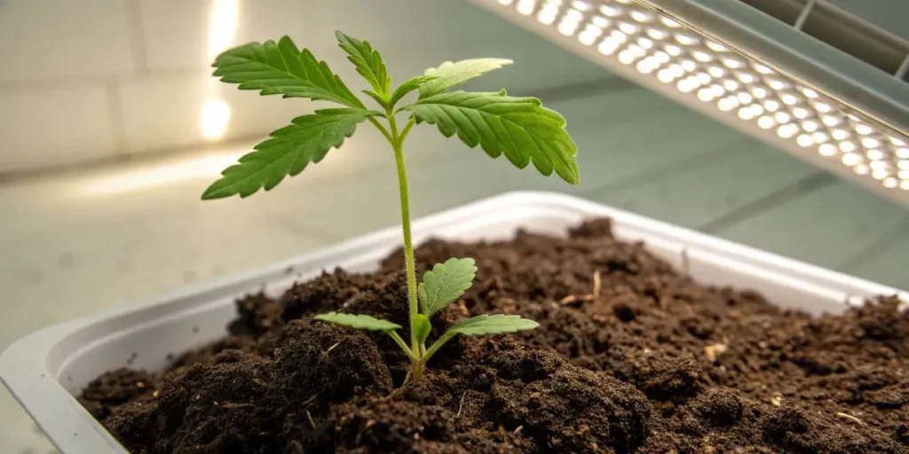 Green Crack Auto seedling growing upright in a tray beneath bright LED lights.