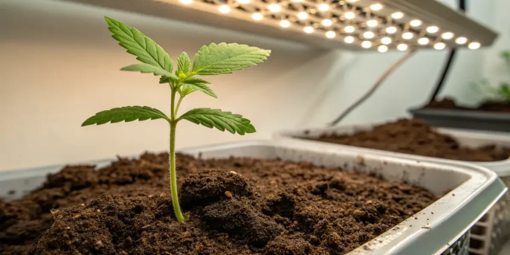 Green Crack Auto seedling sprouting from rich soil under warm indoor lighting.