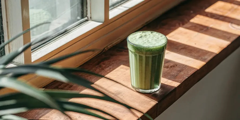 Green detox smoothie in a glass by the window with fresh ingredients