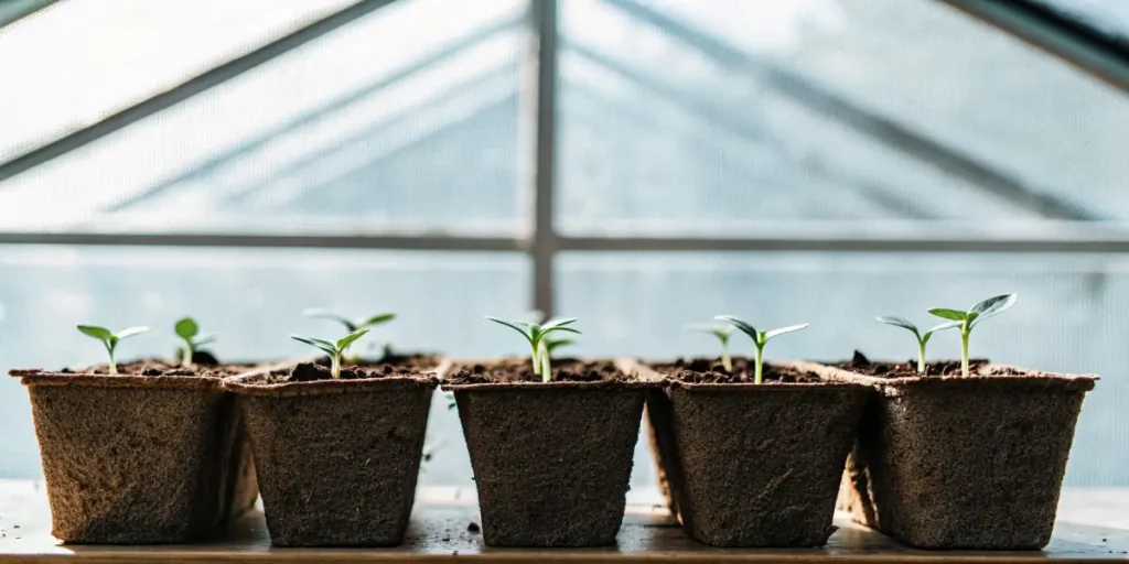 Seedlings emerging in soil-filled trays inside a greenhouse with sunlight filtering through.